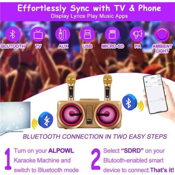 Portable PA Speaker System with Colorful LED Lights and 2 Karaoke Microphones - Picture 5 of 6